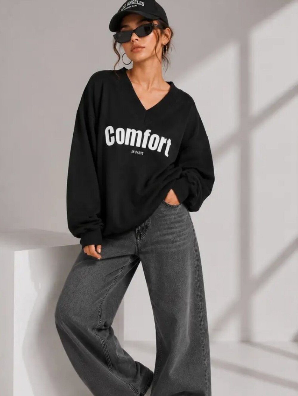 SHEIN Black V-Neck Sweater with White 'Comfort' Print